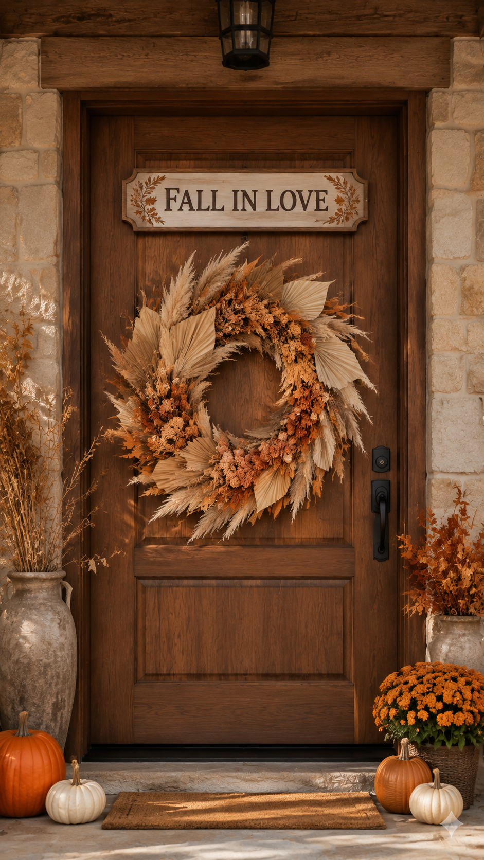Boho fall wreath with pampas grass, dried palm leaves, preserved flowers, rust foliage, Fall in Love sign, stone vases, pumpkins, orange mums, and rustic wooden door