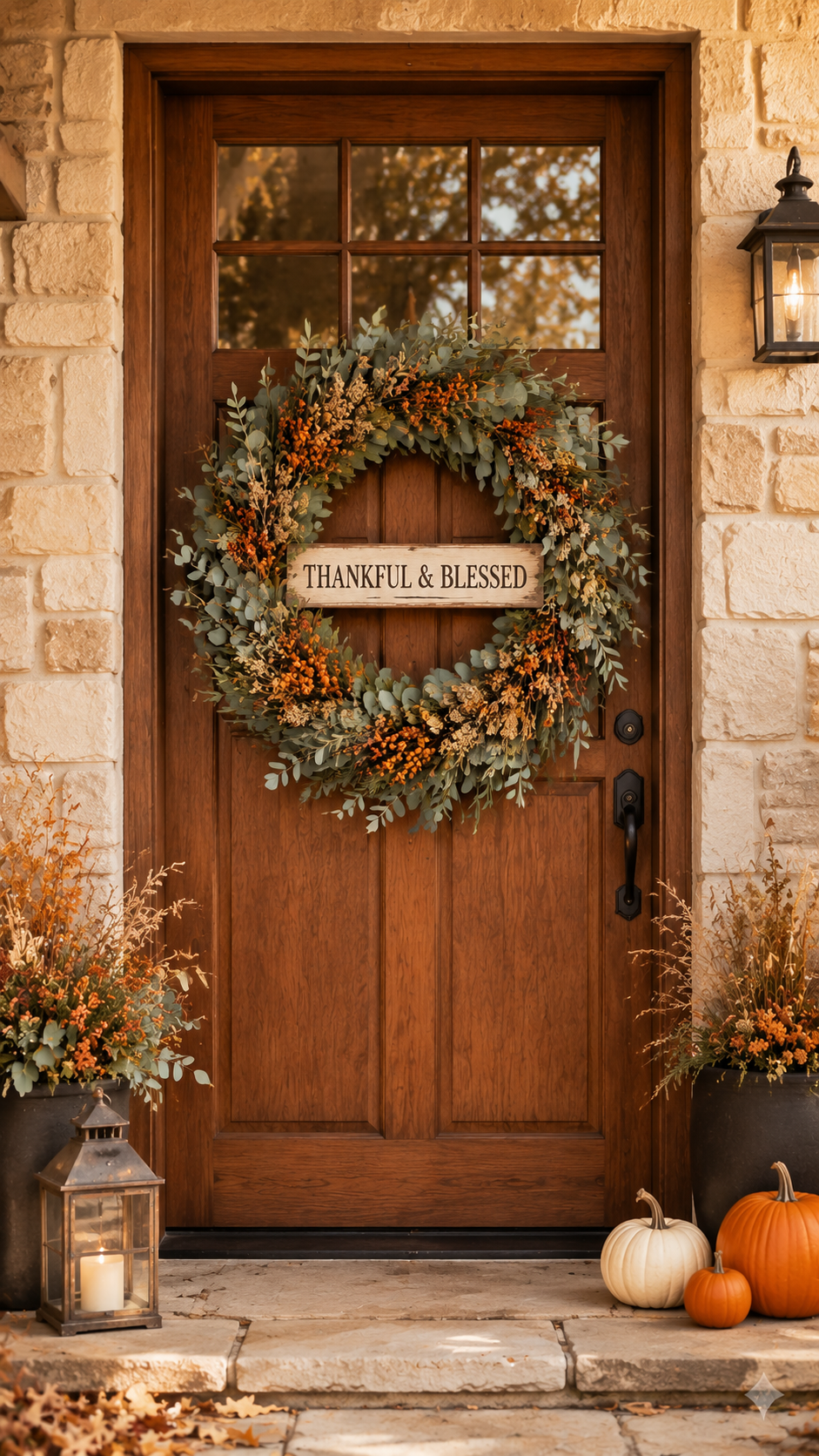 Thankful and Blessed fall wreath with eucalyptus leaves, dried stems, orange berries, cream botanicals, wooden sign, black planters, pumpkins, lantern, and rustic front door decor