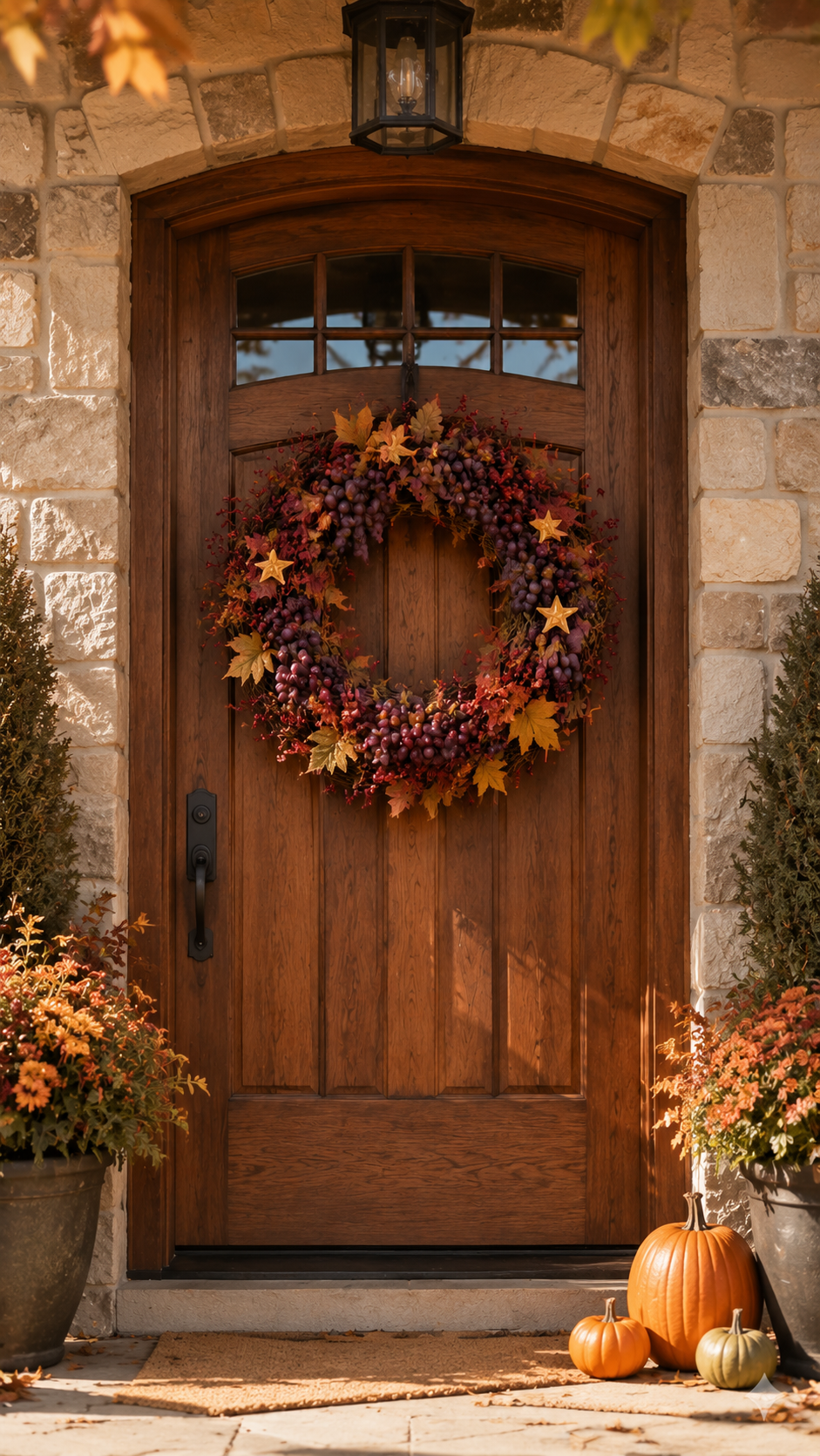 Fall front door wreath with arched wood door, purple grapes, red berries, golden maple leaves, burnt orange foliage, black lantern, stone walls, planters, flowers, pumpkins, and woven doormat