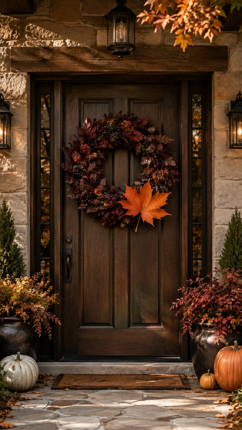 Fall wreath ideas for front door with dark wooden door, burgundy leaves, oversized orange maple leaf, pinecones, berries, black lanterns, planters, pumpkins, and rustic stone entryway