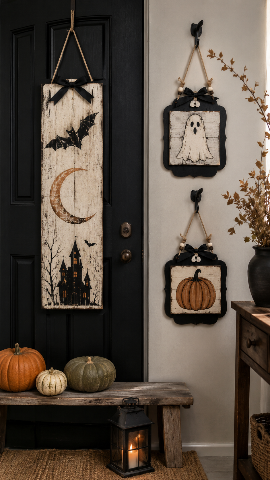 Dollar Tree Halloween entryway with rustic Halloween signs, haunted house sign, ghost sign, pumpkin sign, wooden beads, black bows, bench, pumpkins, lantern, black door, jute rug, console table, and dried branches