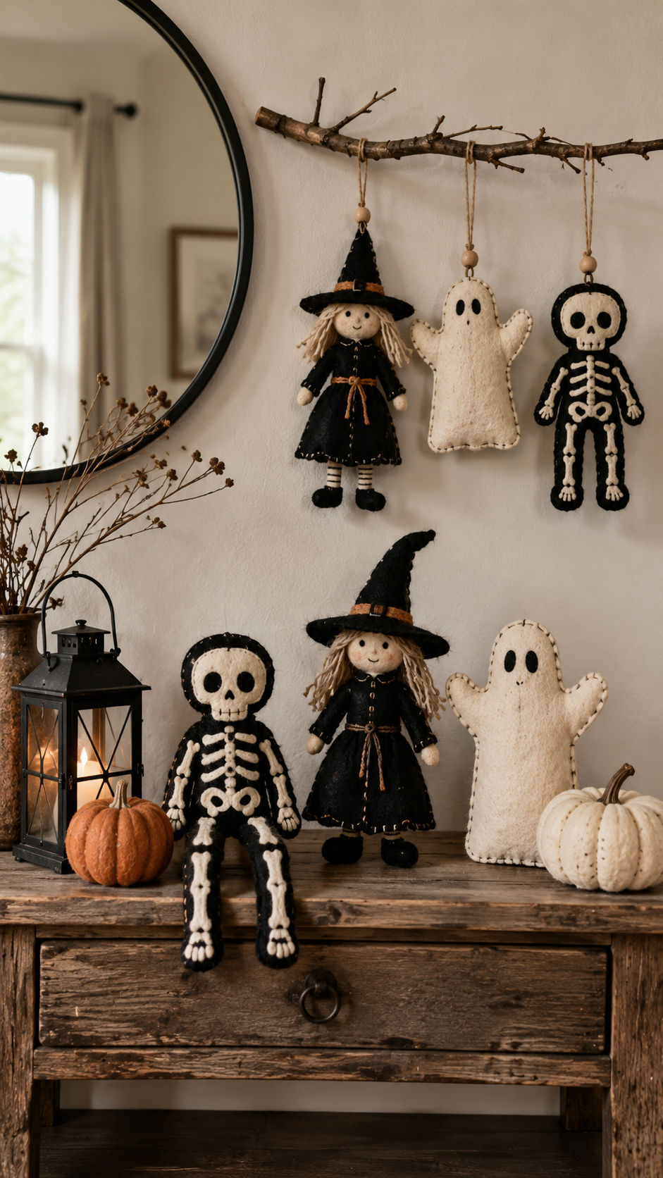 Dollar Tree Halloween console table with felt skeletons, witches, ghosts, hanging branch, twine, wooden beads, pumpkins, lantern, round mirror, dried branches, rustic table, and handmade entryway styling
