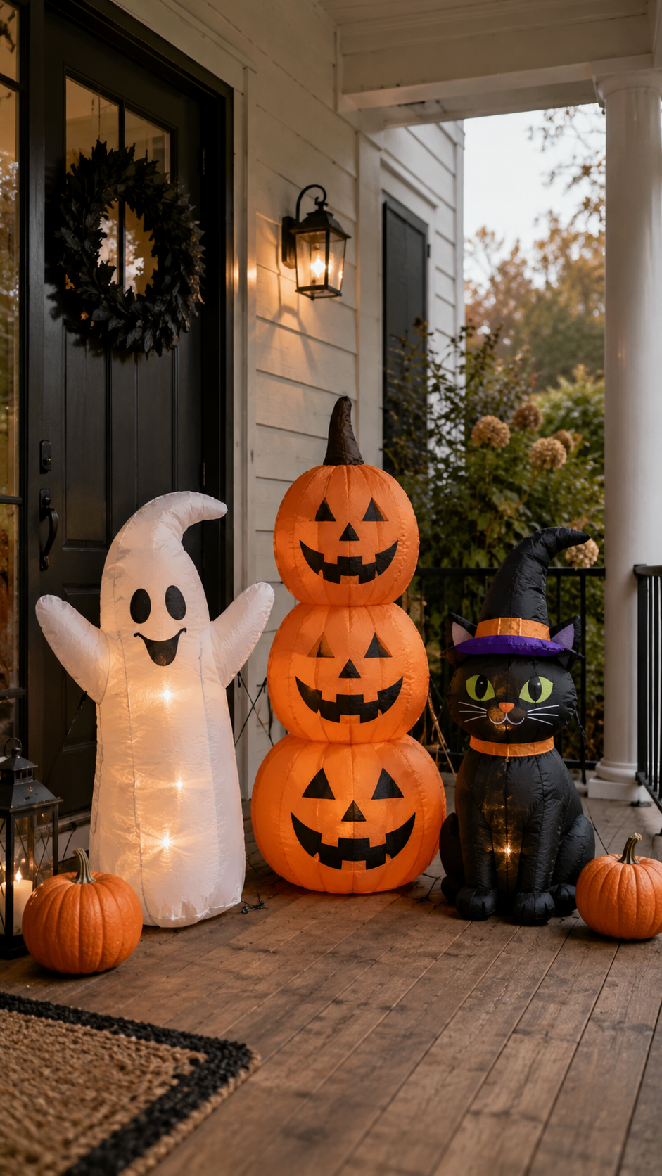 Dollar Tree Halloween porch with inflatable ghost, jack-o-lantern stack, black cat in witch hat, black front door, pumpkins, lantern, coir mat, white farmhouse columns, and family-friendly Halloween decor