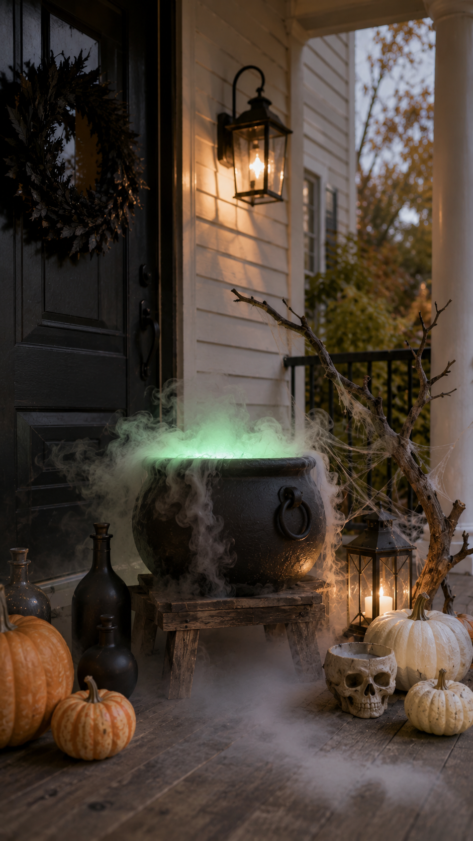 Dollar Tree Halloween porch with bubbling black cauldron, green mist, pumpkins, potion bottles, skull bowl, webbed branch, lantern, black front door, wreath, white columns, and spooky farmhouse styling