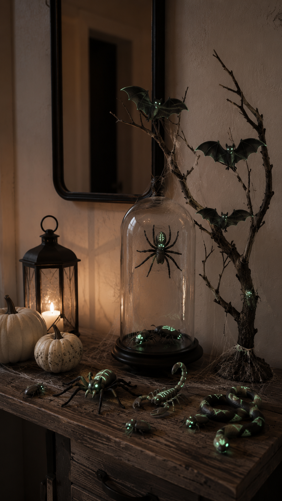 Dollar Tree Halloween creepy insect console table with glass cloche, black spiders, webbing, bare branch, bats, snake, scorpion, beetles, glowing green accents, pumpkins, lantern, mirror, and gothic entryway decor