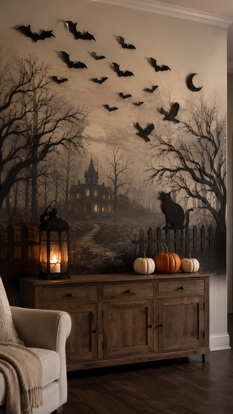 Dollar Tree Halloween haunted forest wall decor with dark mural, black bats, ravens, crescent moon, black cat, rustic console cabinet, lantern, pumpkins, armchair, knit throw, and gothic living room styling