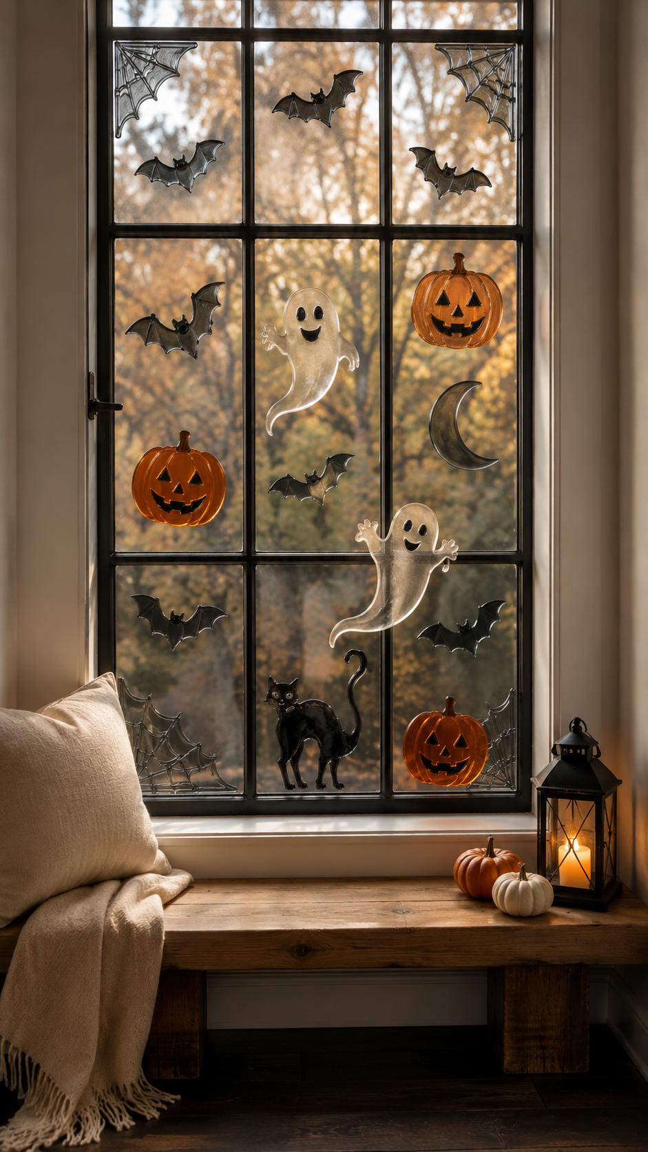 Dollar Tree Halloween window clings with ghosts, jack-o-lanterns, bats, crescent moons, spiderweb corners, black cat, rustic bench, cushion, lantern, pumpkins, and autumn window view