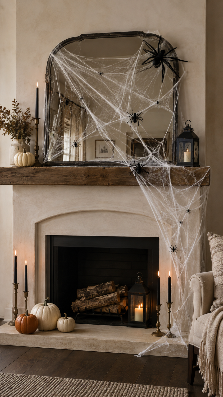 Dollar Tree Halloween fireplace with faux spider webs, black spiders, oversized spider, antique mirror, wood mantel, taper candles, lanterns, white pumpkins, orange pumpkins, stacked logs, armchair, and cozy living room styling