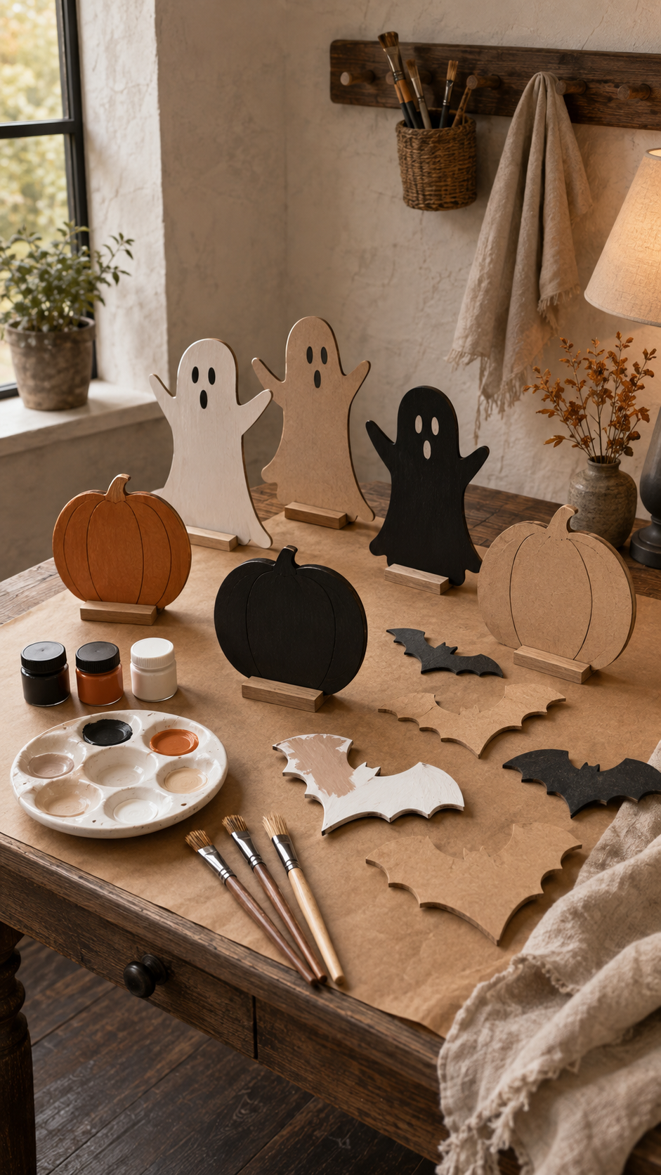 Dollar Tree Halloween craft table with wooden ghost cutouts, pumpkin cutouts, bat shapes, black orange and cream paint, brushes, craft paper, rustic table, peg rack, dried branches, and family craft ideas