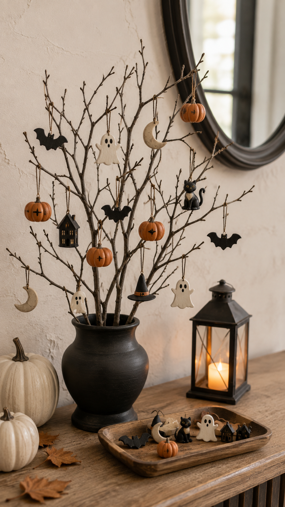 Dollar Tree Halloween ornament tree with black urn, natural branches, ghost ornaments, pumpkin ornaments, black bats, crescent moons, witch hat, haunted houses, black cat, lantern, white pumpkins, and rustic console styling