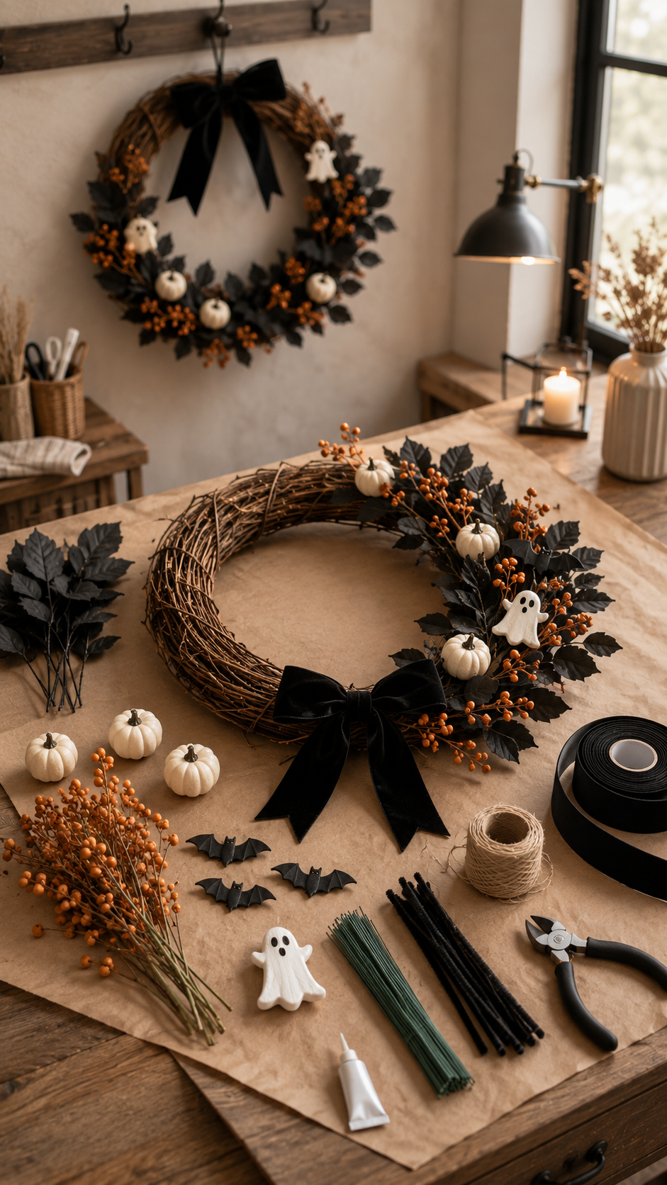 Dollar Tree Halloween wreath craft with grapevine wreath, black leaves, orange berries, white pumpkins, black bats, ghost ornament, black bow, craft supplies, worktable, ribbon, twine, and farmhouse workspace