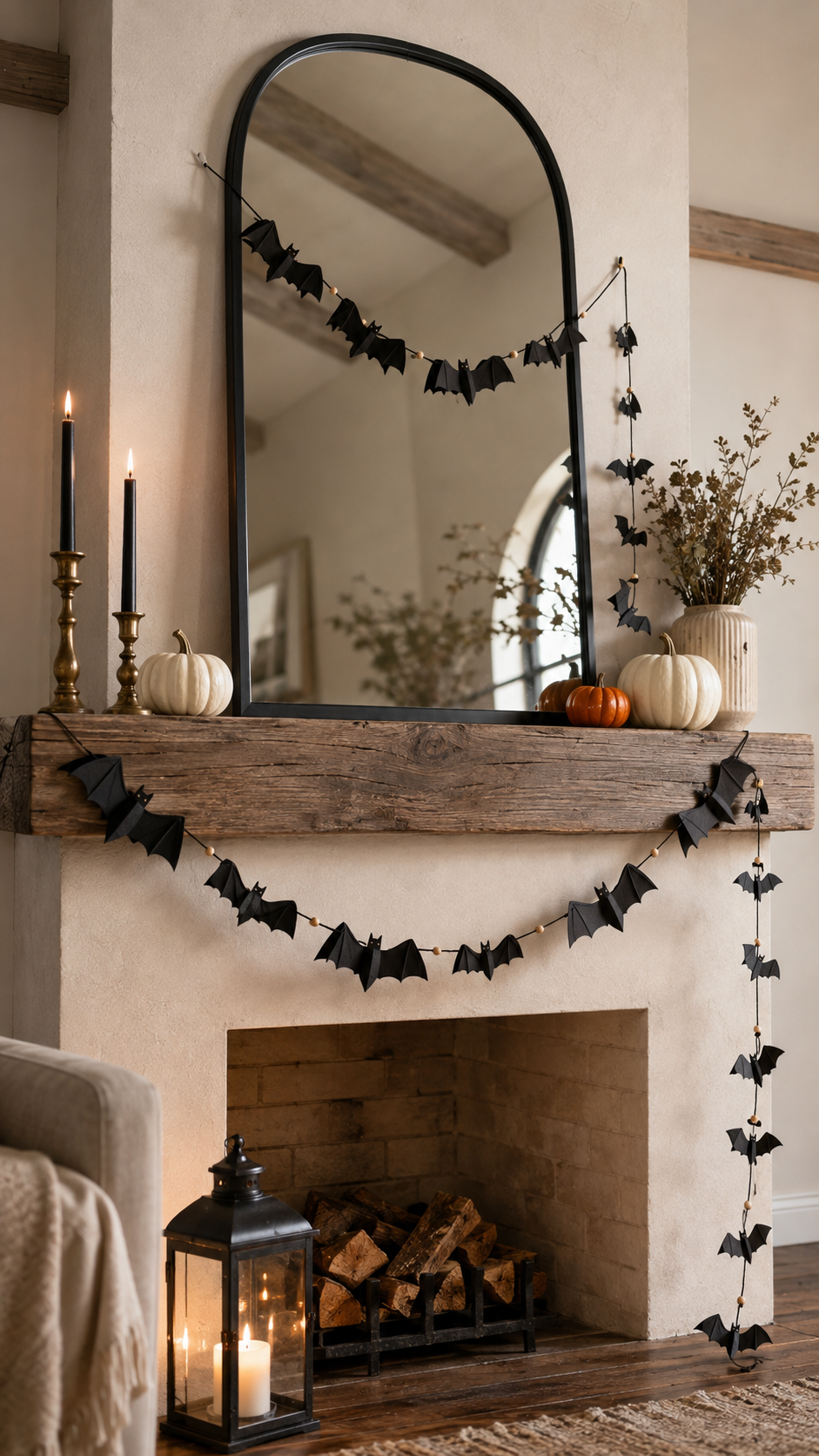 Dollar Tree Halloween mantel with black bat garland, wooden beads, arched mirror, black taper candles, white pumpkins, orange pumpkin, dried branches, lantern, logs, and rustic fireplace decor
