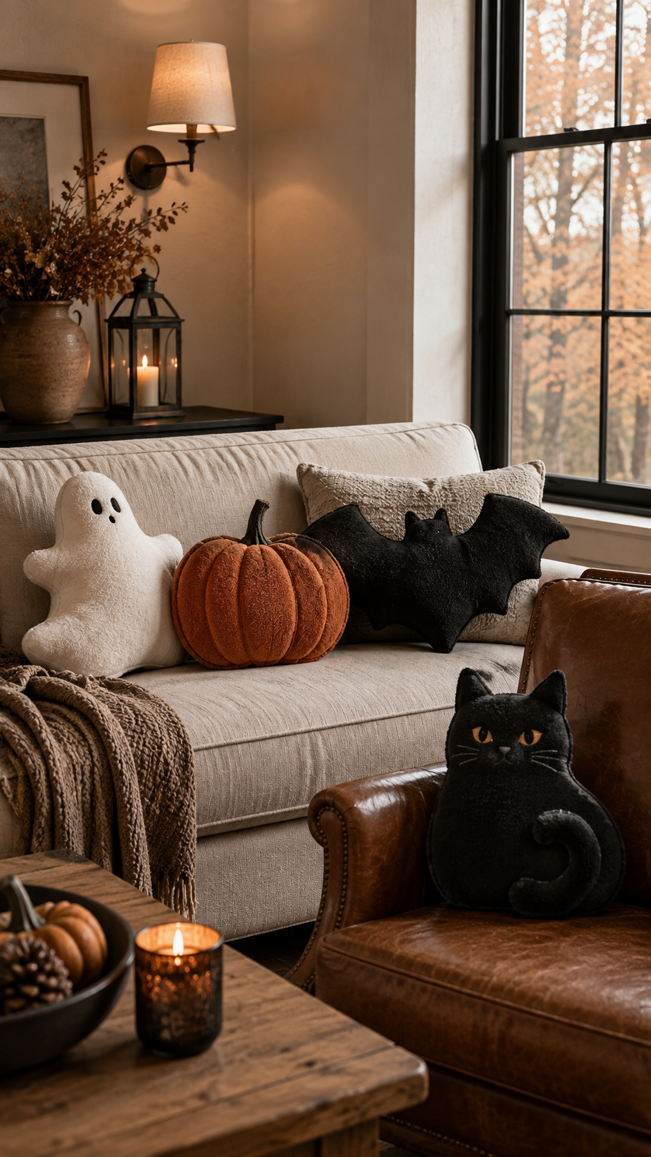 Dollar Tree Halloween living room with ghost pillow, pumpkin pillow, bat pillow, black cat pillow, ivory sofa, leather chair, rustic coffee table, pumpkins, pinecones, candle, lantern, and autumn window view