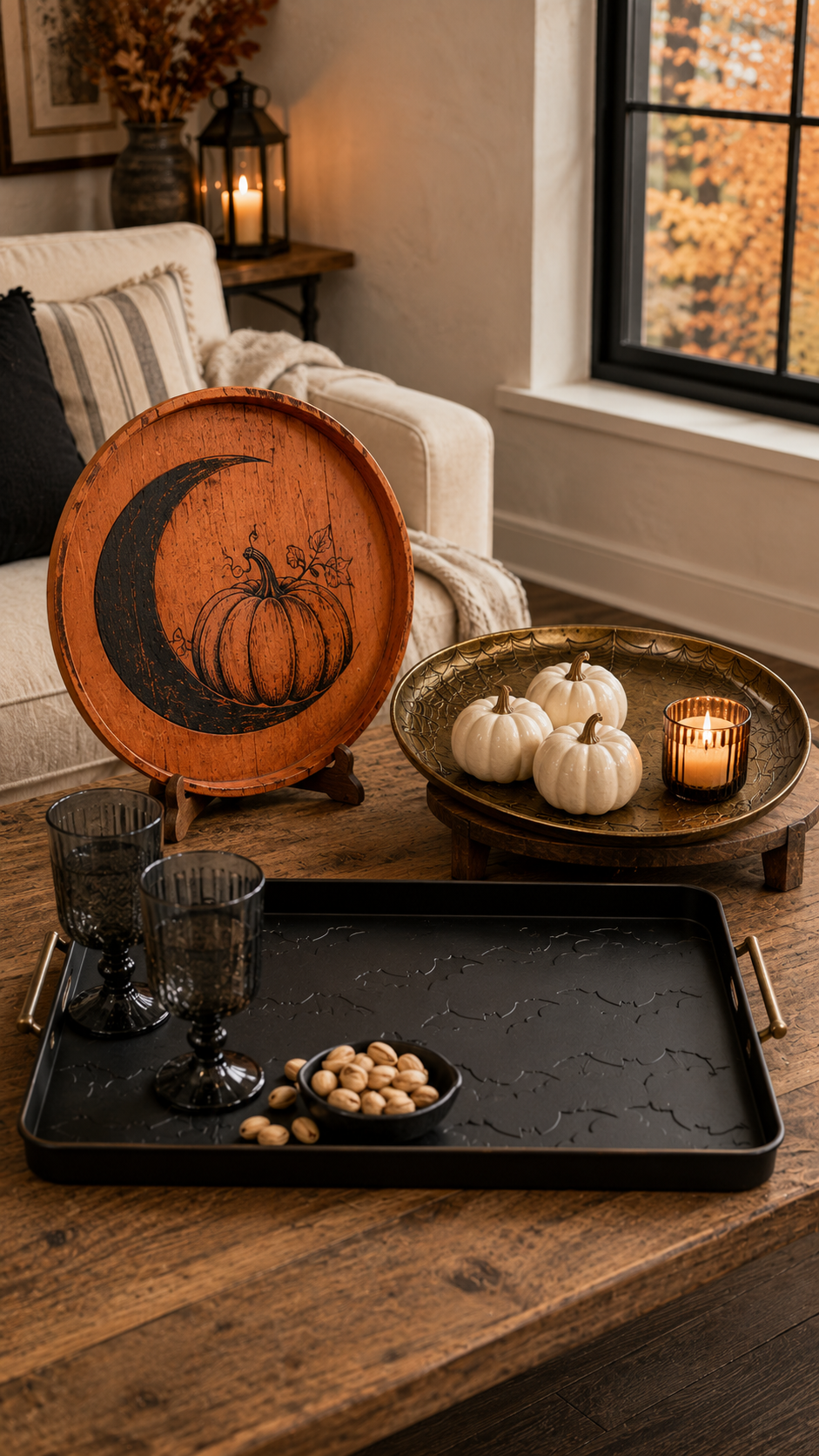 Dollar Tree Halloween coffee table decor with orange moon pumpkin tray, spiderweb brass tray, white mini pumpkins, black serving tray, smoky goblets, candle, rustic wood table, armchair, and fall window view