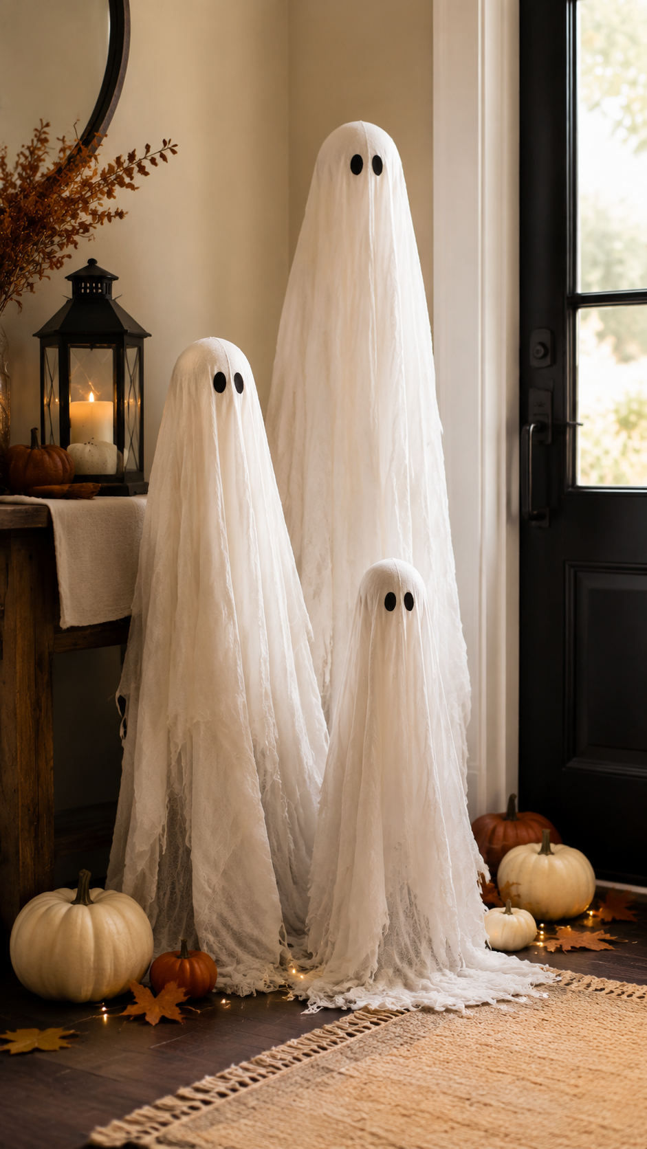 Dollar Tree Halloween entryway with three white fabric ghost figures, pumpkins, string lights, lantern, rustic console table, round mirror, dried branches, woven rug, and family-friendly decor
