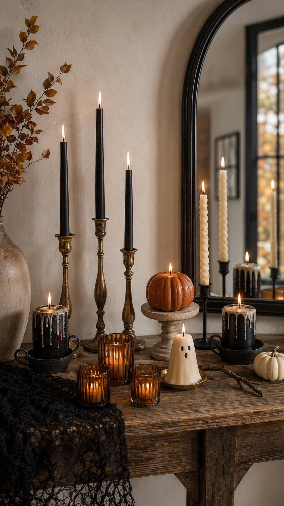 Dollar Tree Halloween candle decor with black taper candles, brass candlesticks, black pillar candles, amber votives, ghost candle, pumpkin candle, black lace, arched mirror, and rustic console table