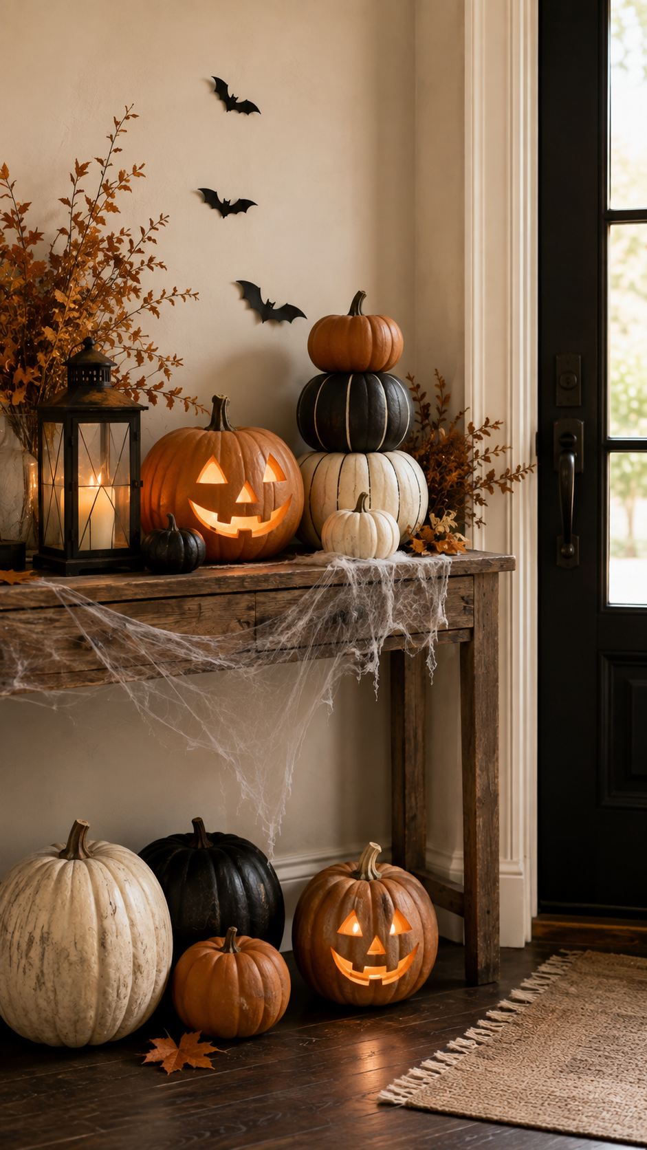 Dollar Tree Halloween entryway console with stacked pumpkins, glowing jack-o-lanterns, black bats, spider webs, lantern, rustic wood table, autumn branches, black glass door, and farmhouse styling