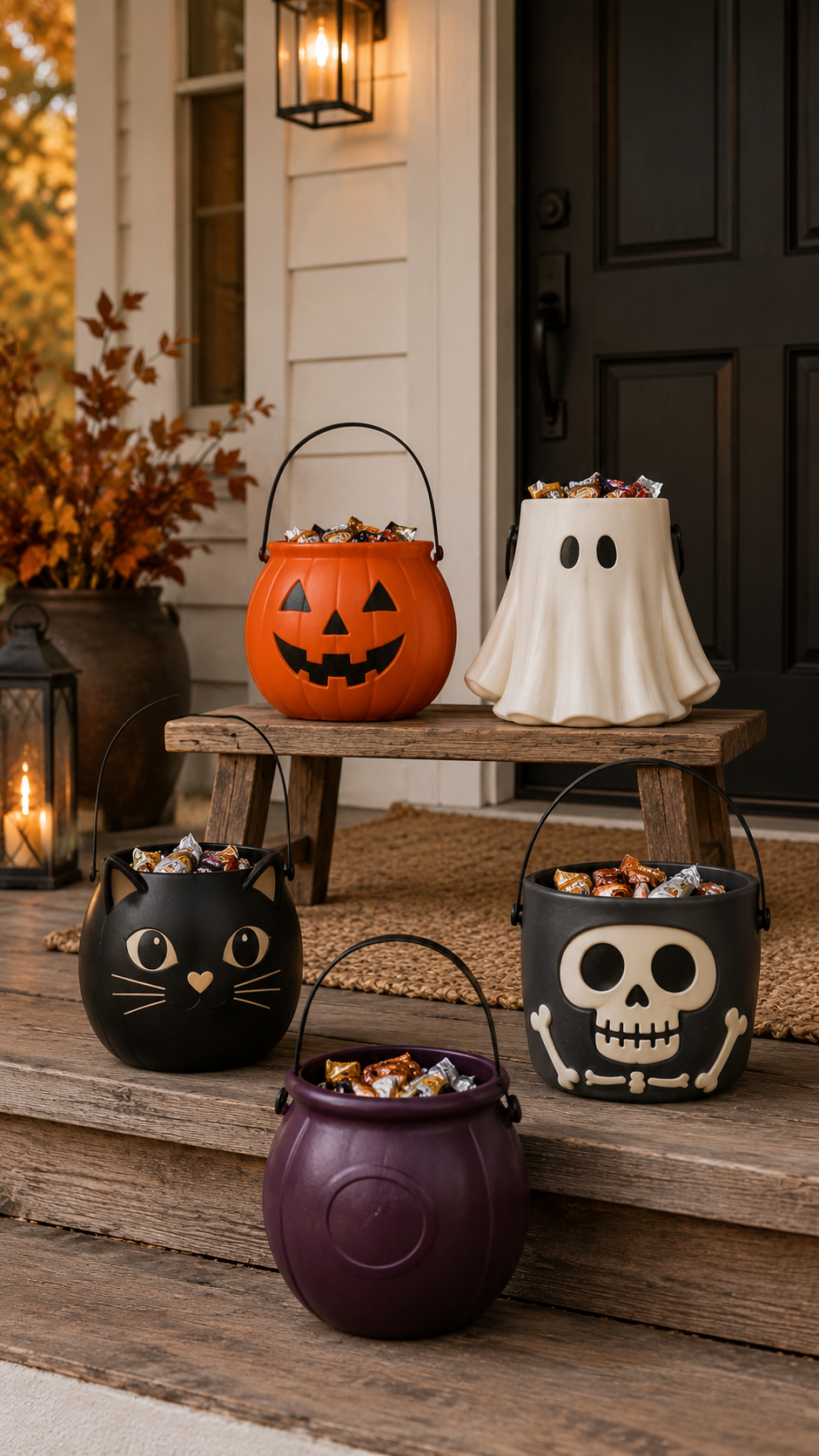 Dollar Tree Halloween front porch with candy buckets, jack-o-lantern pail, ghost container, black cat bucket, skeleton pail, purple cauldron, lantern, wood steps, doormat, and autumn branches