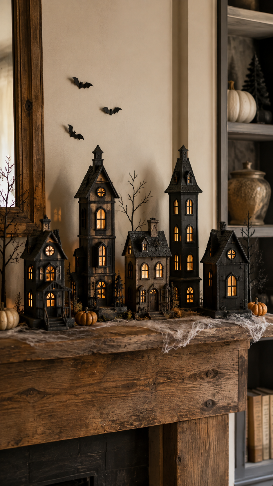 Dollar Tree Halloween mantel decor with dark haunted houses, glowing windows, miniature trees, spider webs, bats, small pumpkins, reclaimed wood mantel, mirror, shelves, and rustic fireplace styling