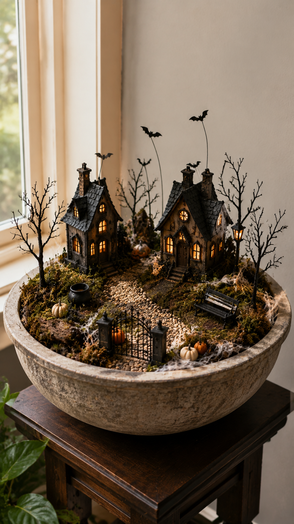 Dollar Tree Halloween miniature haunted village in stone bowl with haunted houses, moss, black trees, bats, spider webs, pumpkins, cauldron, bench, warm lights, side table, and cozy corner styling