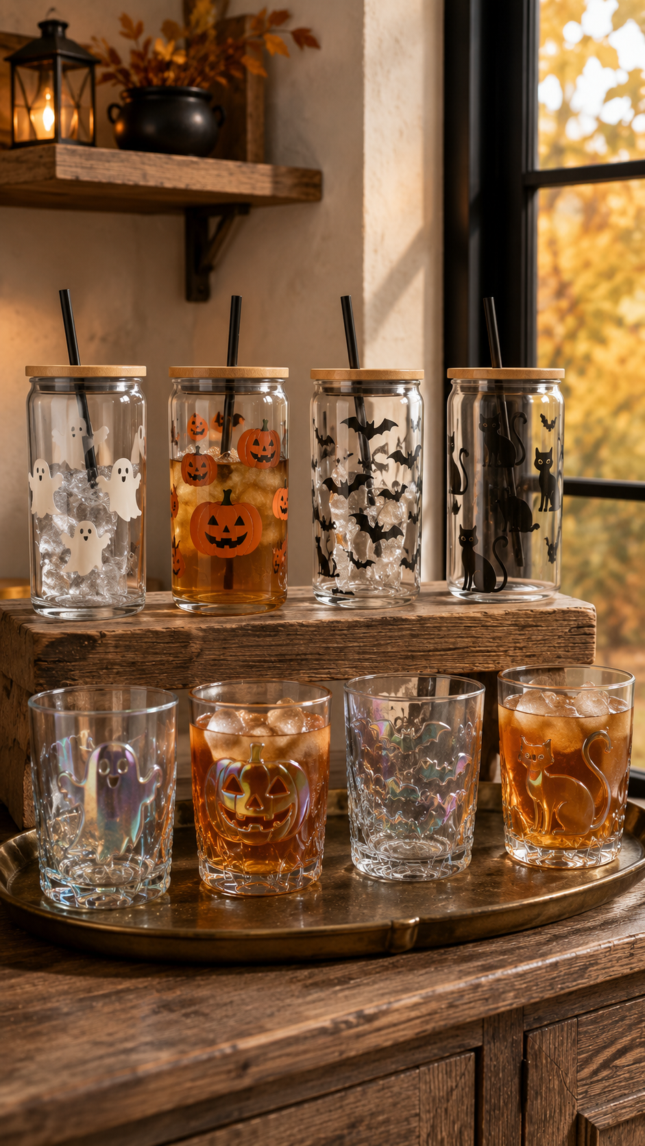 Dollar Tree Halloween decor ideas with Halloween tumblers, ghost glasses, pumpkin drinkware, bat and black cat designs, bamboo lids, lantern, dried leaves, brass tray, rustic cabinet, and cozy window styling