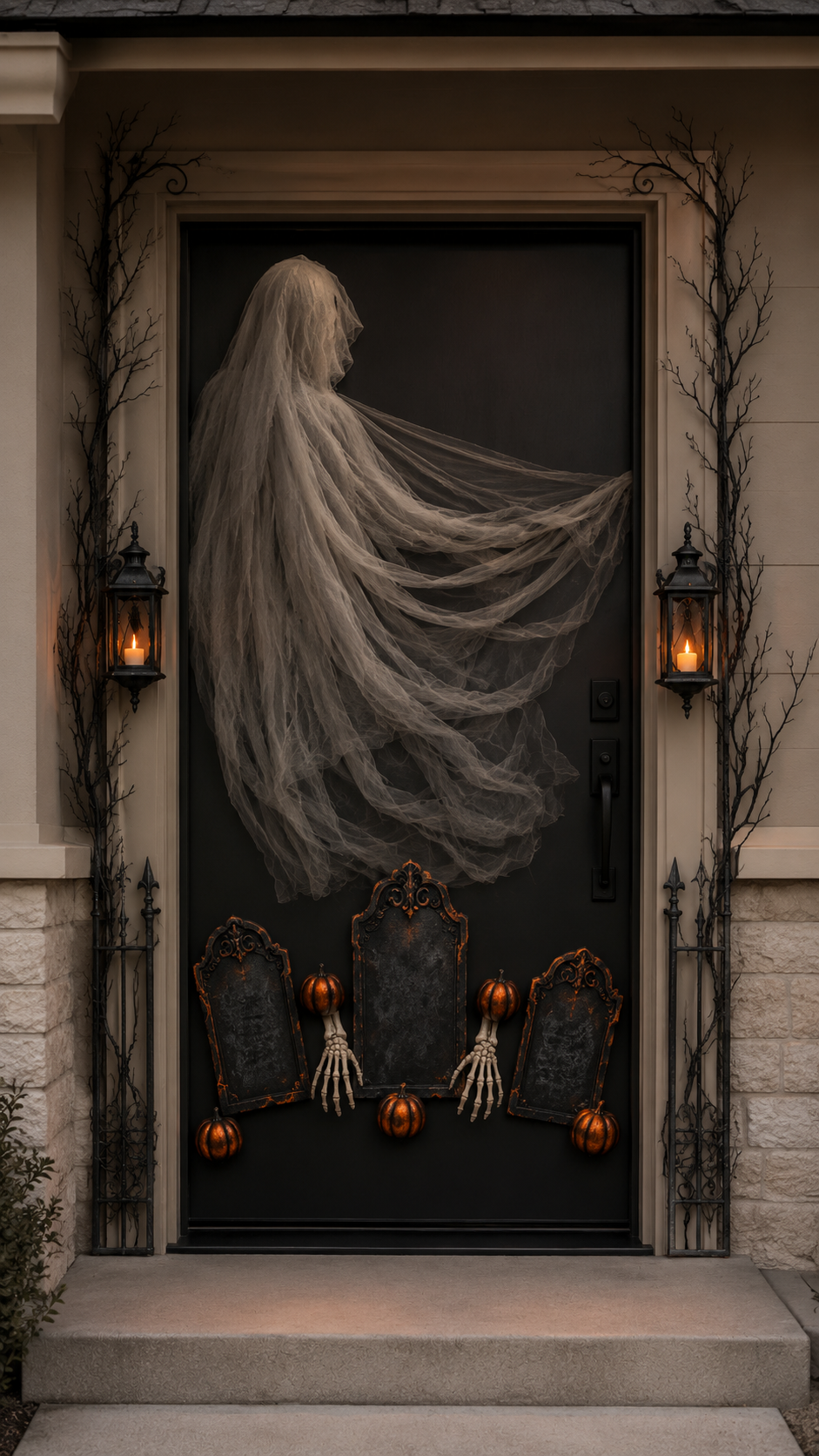 Halloween door decor with matte black front door, floating gauze ghost, black tombstones, skeletal hands, orange pumpkins, black branches, wrought iron stands, and warm wall lanterns