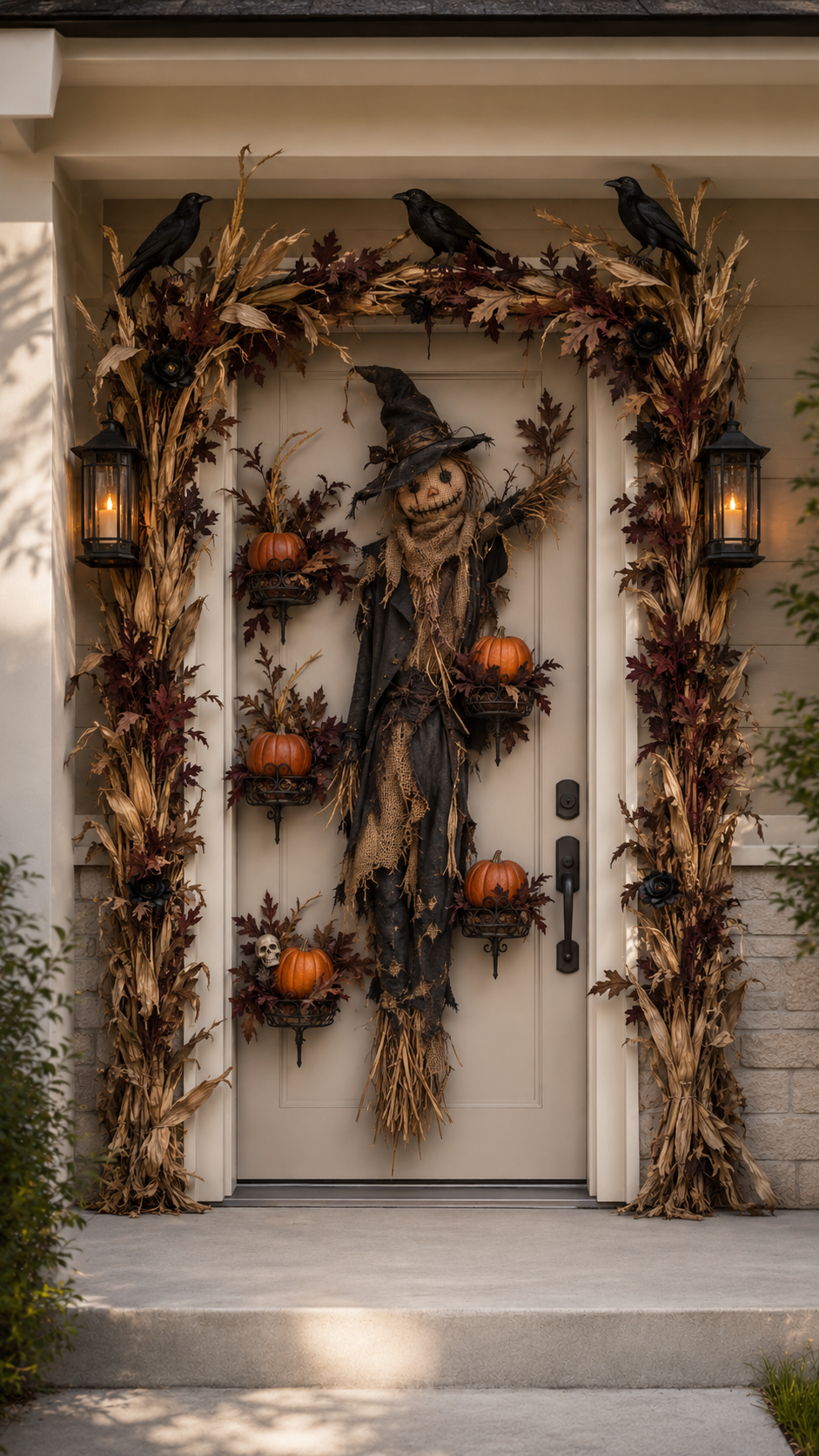 Halloween door decor ideas with cream front door, scarecrow witch, corn stalks, black ravens, pumpkins, skull, burgundy leaves, branches, black lanterns, and rustic farmhouse styling