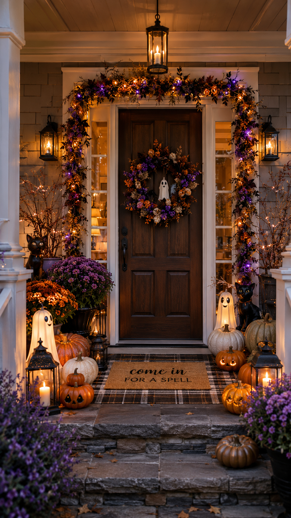 Magical Halloween porch with wood door, dramatic garland, purple lights, pumpkins, jack-o-lanterns, ghost figures, black cats, mums, lanterns, and Come In For A Spell doormat
