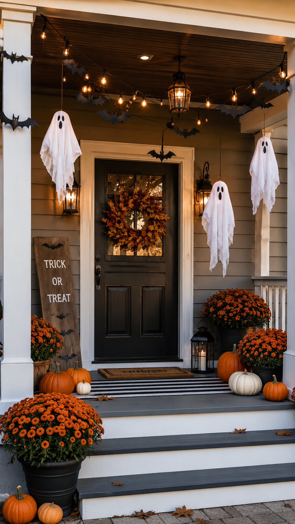 Halloween porch with hanging ghosts, black bats, string lights, orange wreath, orange mums, pumpkins, trick or treat sign, striped rug, and lanterns