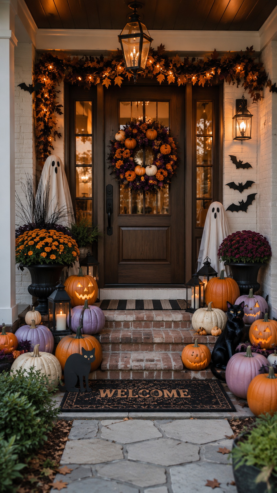 Halloween porch with golden retriever, black door, wreath, ghost decorations, spider webs, pumpkins, mums, lanterns, stone steps, and warm lights
