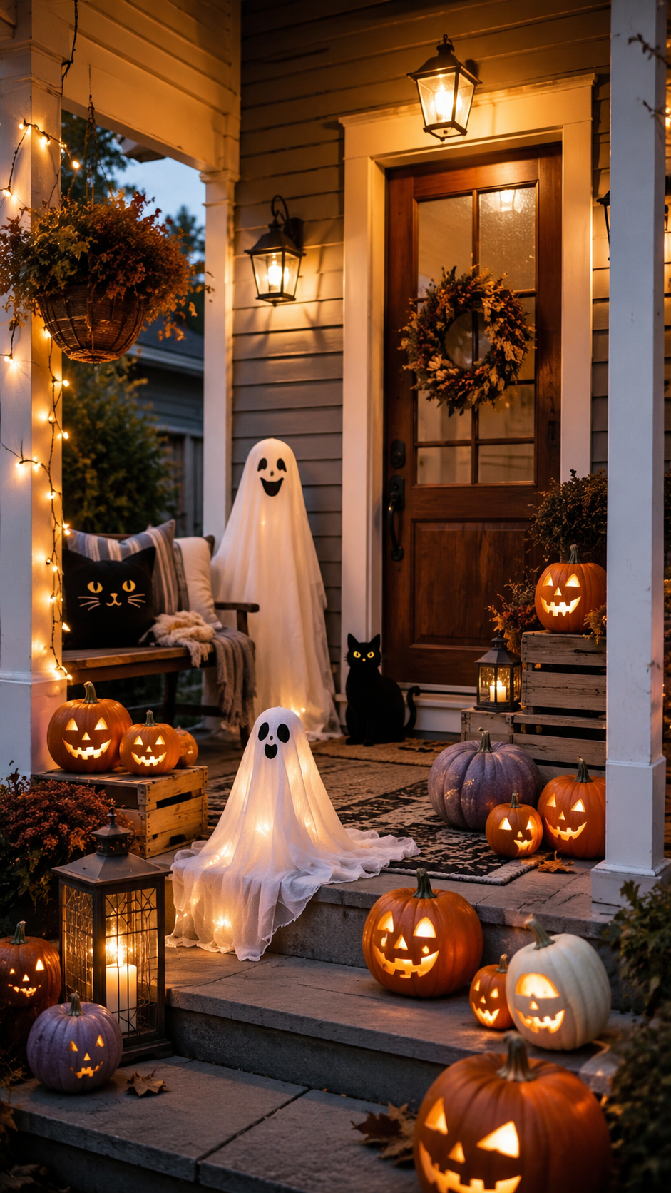 Family-friendly Halloween porch with glowing ghosts, jack-o-lanterns, wood door, wreath, bench, black cat decor, crates, pumpkins, mums, lanterns, and string lights