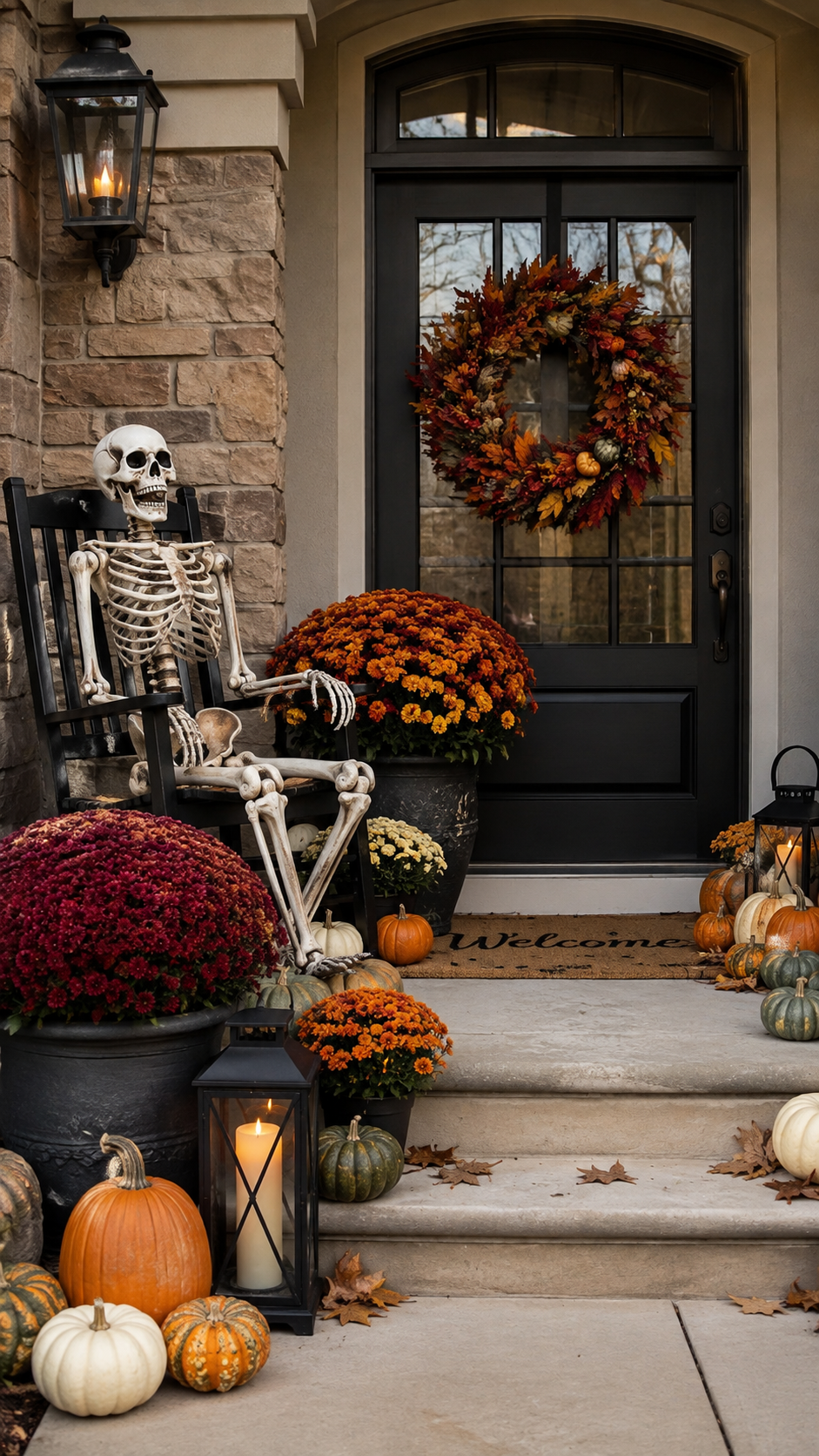 Halloween porch with black door, skeleton in rocking chair, fall wreath, pumpkins, orange mums, black lanterns, stone wall, welcome mat, and autumn leaves