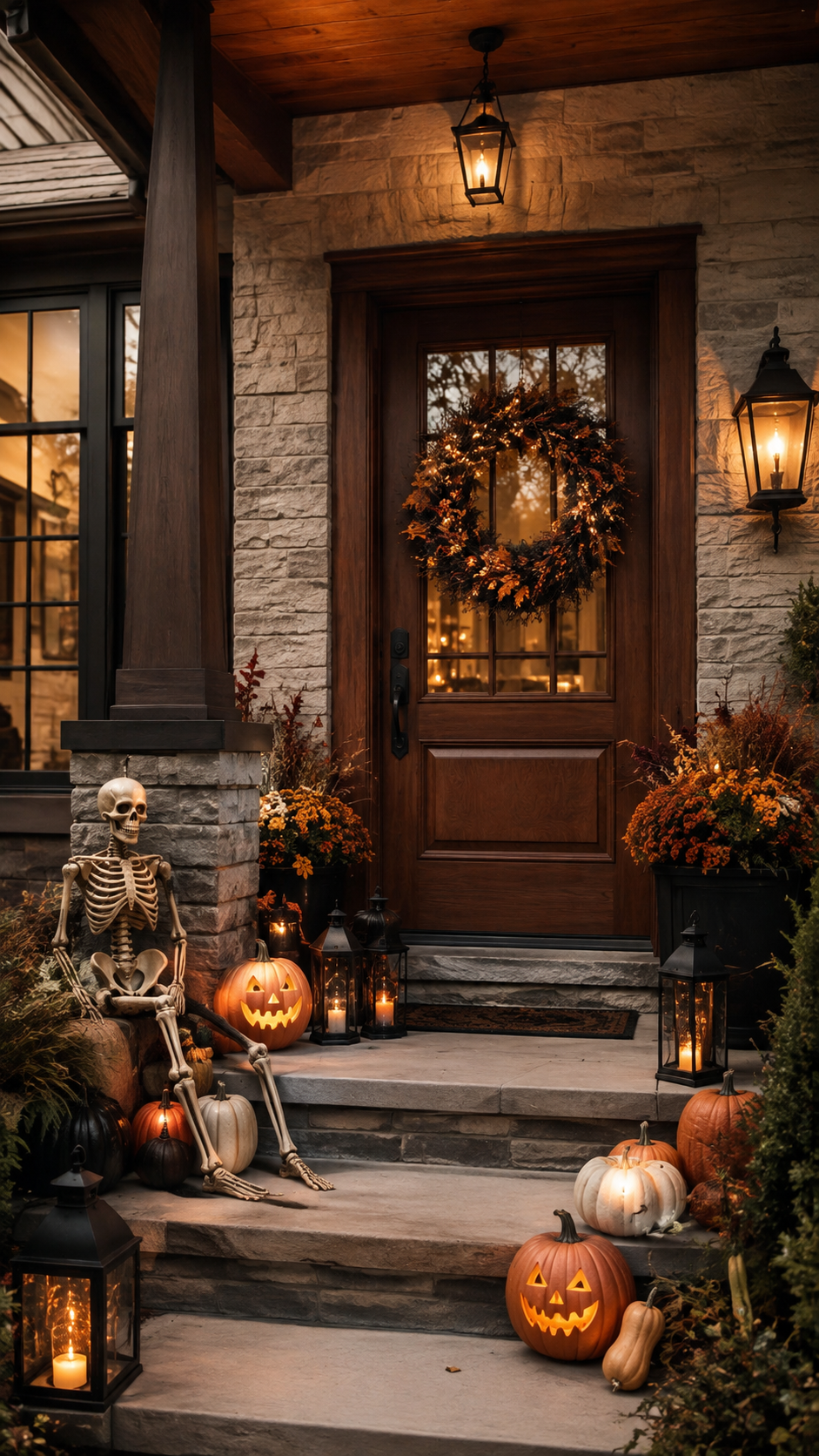 Rustic Halloween porch with wood front door, skeleton on steps, wreath, pumpkins, black lanterns, orange mums, stone walls, warm candlelight, and natural autumn decor