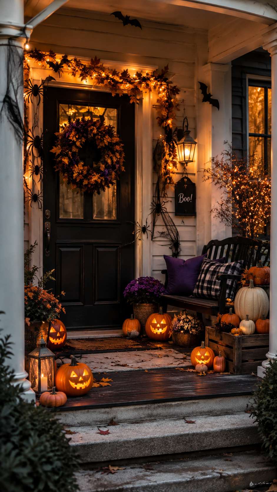 Cozy Halloween porch with black door, glowing garland, bats, spider decorations, bench with purple cushion, jack-o-lanterns, pumpkins, mums, lanterns, and autumn leaves