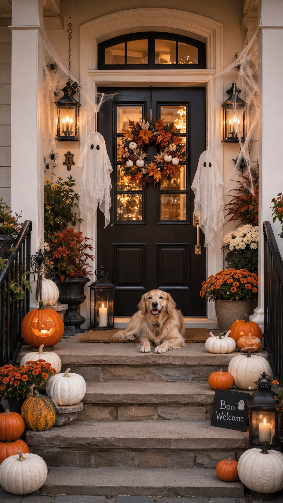 Halloween porch with black door, hanging ghosts, spider webs, pumpkins, orange and white mums, golden retriever, boo welcome sign, black lanterns, and stone steps