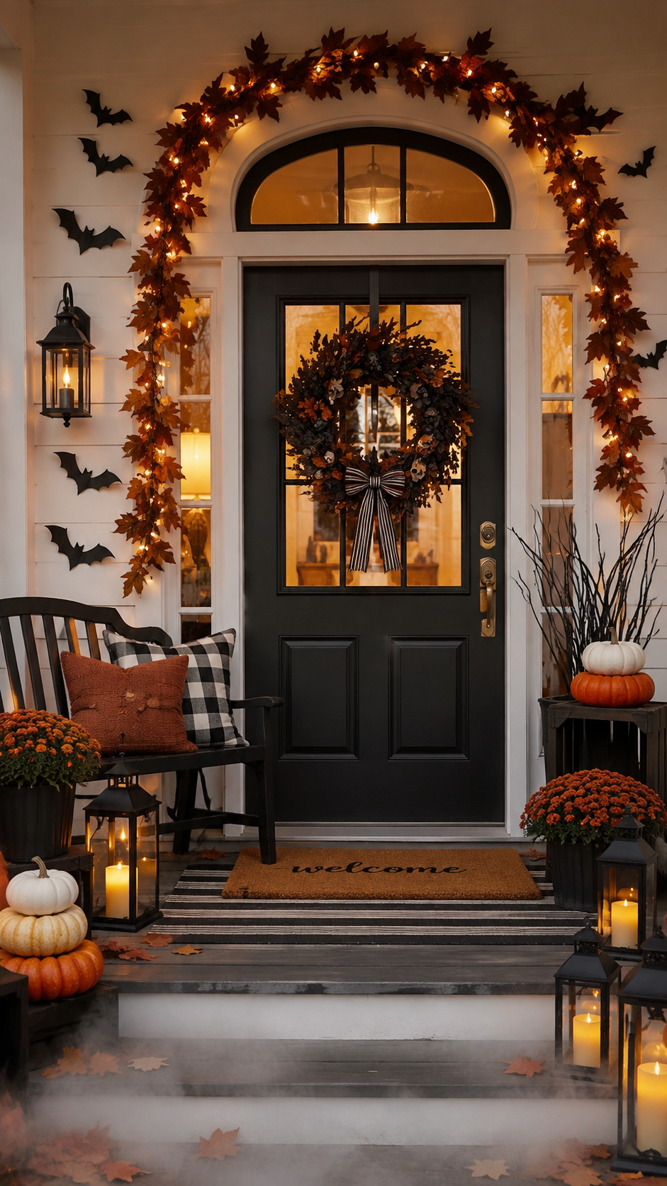 Halloween porch with arched black door, orange garland, black wreath, bats, black bench, burnt orange cushion, striped rug, stacked pumpkins, lanterns, and mums