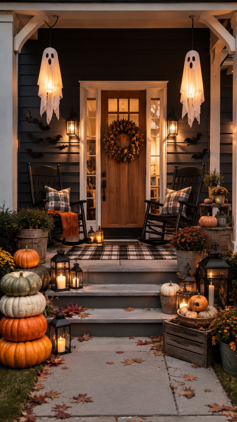 Farmhouse Halloween porch with wood door, black rocking chairs, hanging ghosts, bats, stacked pumpkins, black lanterns, plaid rug, crates, baskets, mums, and fall decor