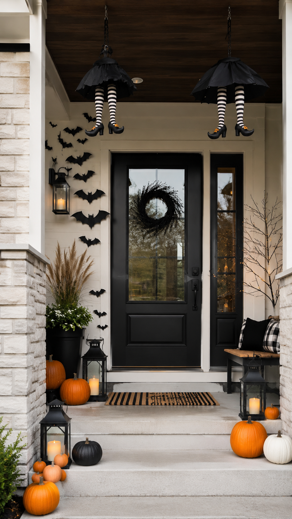 Modern Halloween porch with black front door, witch leg decorations, bats, twig wreath, pumpkins, black lanterns, bench, plaid pillow, striped doormat, and branch lights