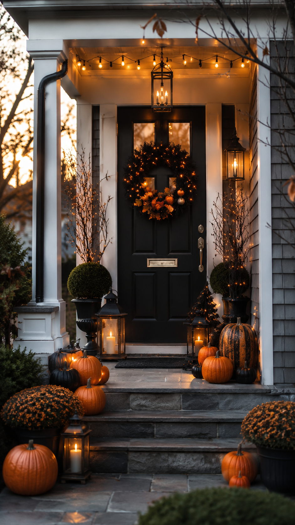 Elegant Halloween porch with black door, glowing wreath, orange string lights, bare branch planters, topiary plants, pumpkins, mums, black lanterns, and stone steps