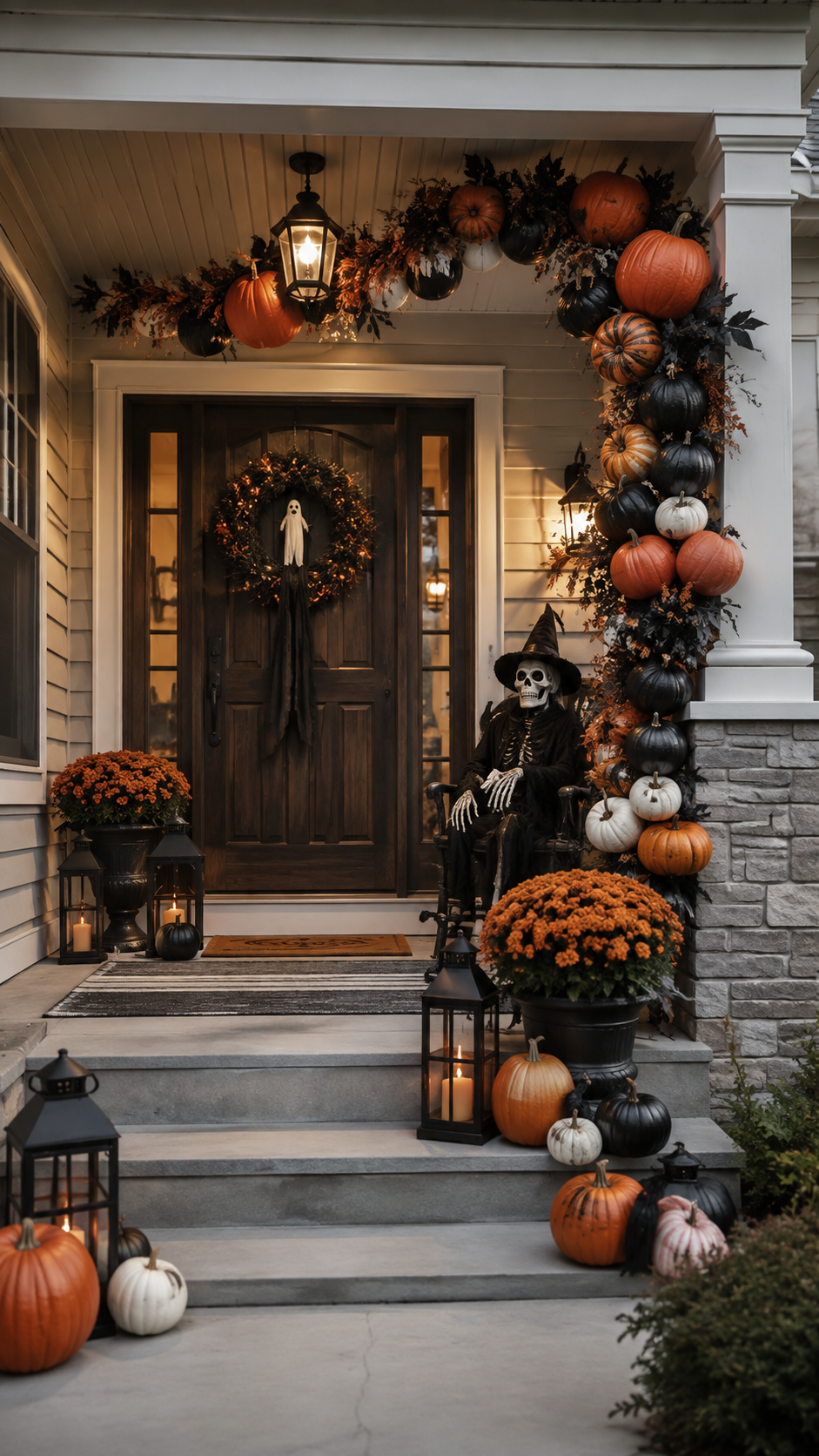 Halloween porch with oversized pumpkin garland, black door, skeleton with witch hat, orange mums, black lanterns, striped rug, pumpkins, and warm porch lighting