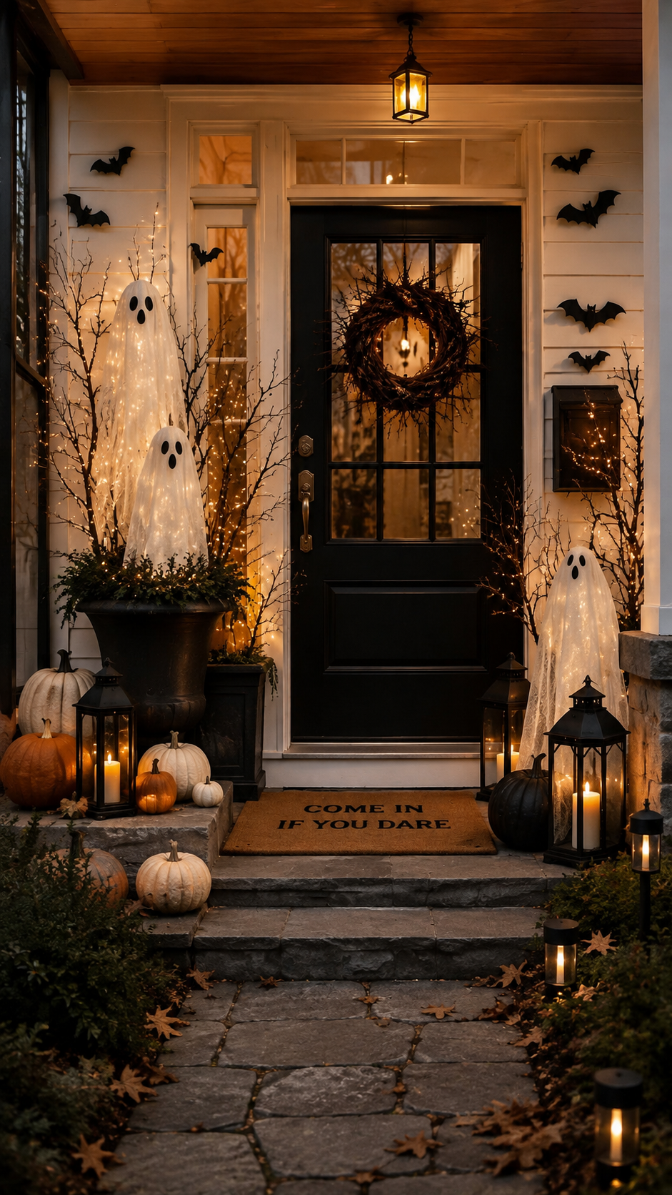Black and white Halloween porch with twig wreath, glowing ghosts, bare branches, black bats, pumpkins, lanterns, stone steps, doormat, and warm wood ceiling