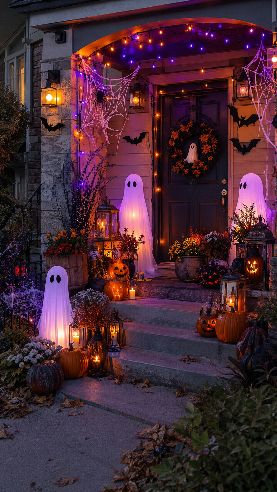 Spooky Halloween porch with orange and purple string lights, large spider webs, black spiders, glowing ghost figures, pumpkins, mums, jack-o-lanterns, and lanterns