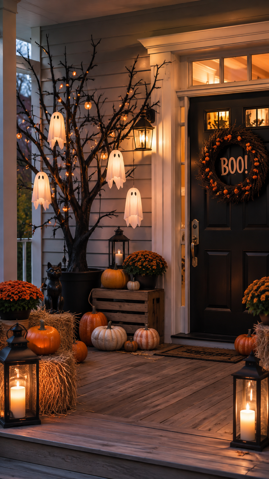 Farmhouse Halloween porch with BOO wreath, black front door, bare branch tree, hanging ghosts, pumpkins, hay bales, orange mums, black cat, crates, and lanterns