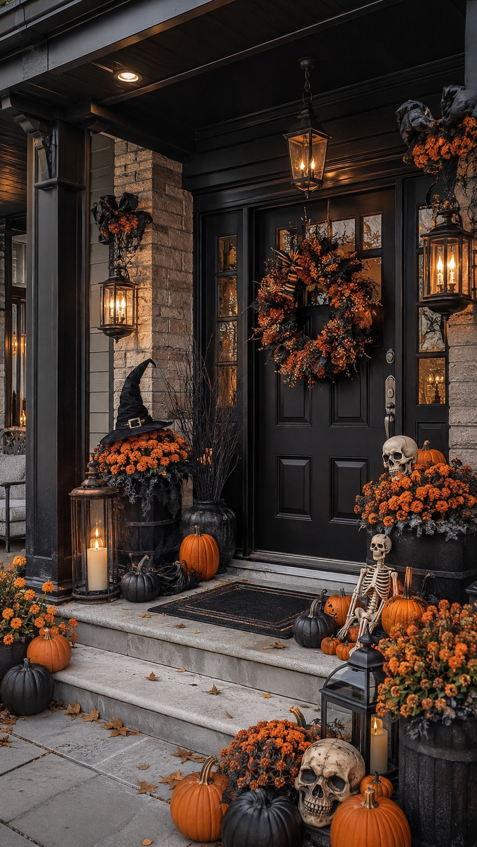 Dramatic Halloween porch with matte black door, black wreath, orange mums, black lanterns, skeleton decor, skull, black pumpkins, branches, and candlelight
