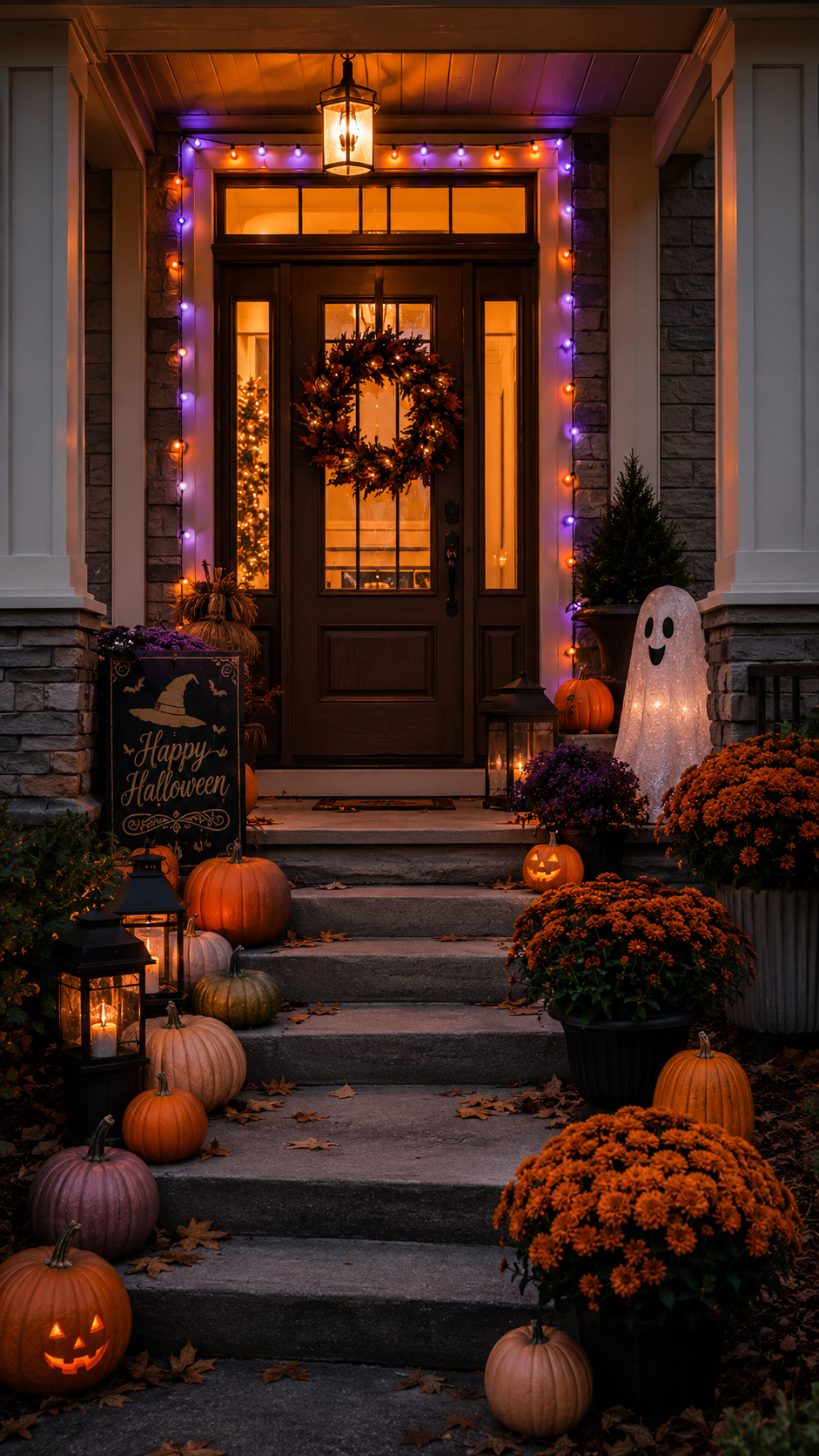 Elegant Halloween porch with black door, glowing wreath, orange and purple lights, pumpkins, mums, ghost decoration, lanterns, and stone steps