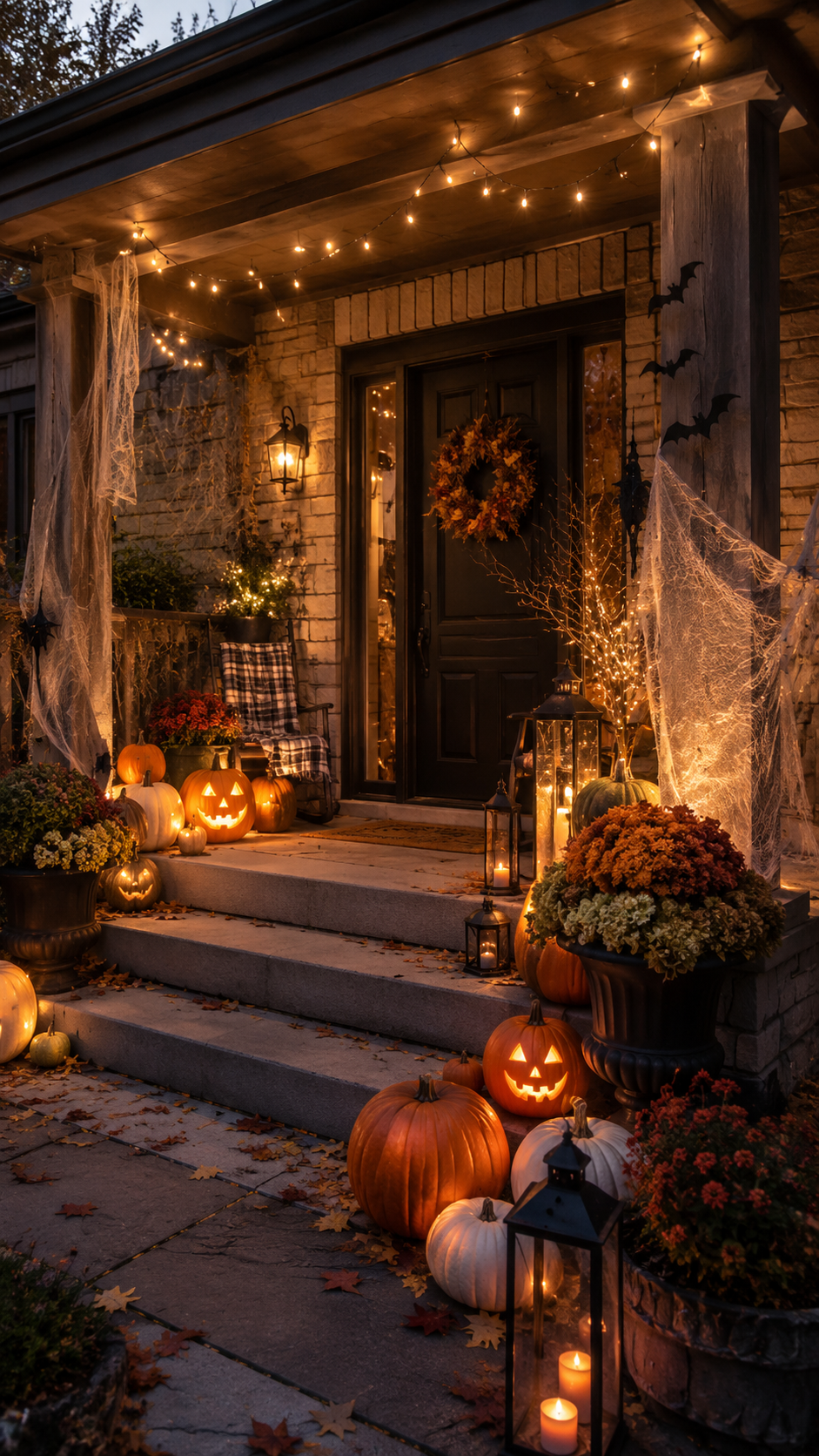 Cozy Halloween porch with black front door, orange wreath, string lights, jack-o-lanterns, candle lanterns, pumpkins, flowers, spider webs, and plaid chair
