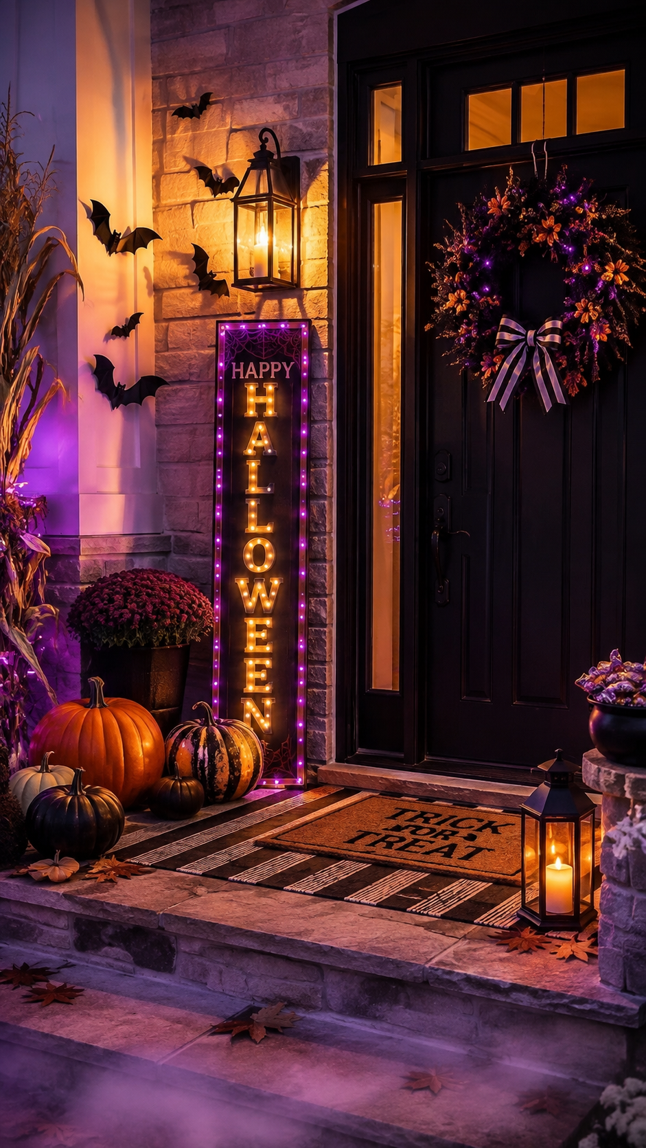 Halloween porch decor ideas with black front door, seasonal wreath, bats, pumpkins, purple lights, striped rug, mums, corn stalks, and lanterns