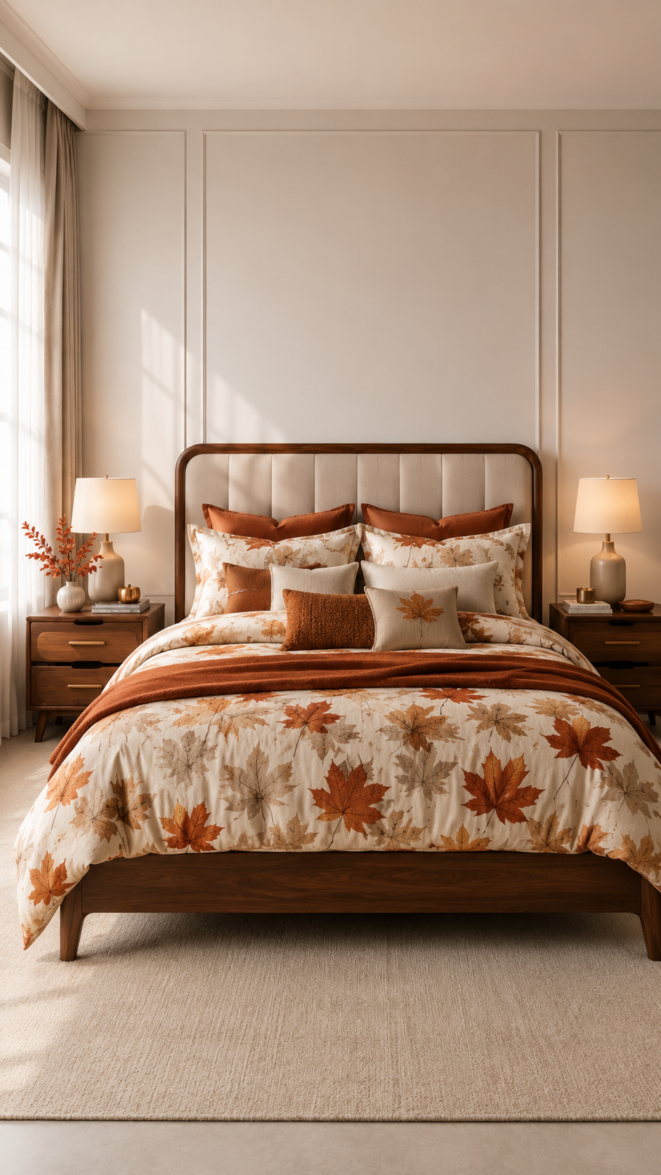 Maple leaf fall bedding set with cream background, burnt orange leaves, terracotta pillows, rust lumbar pillow, orange throw, walnut bed frame, and autumn bedroom decor