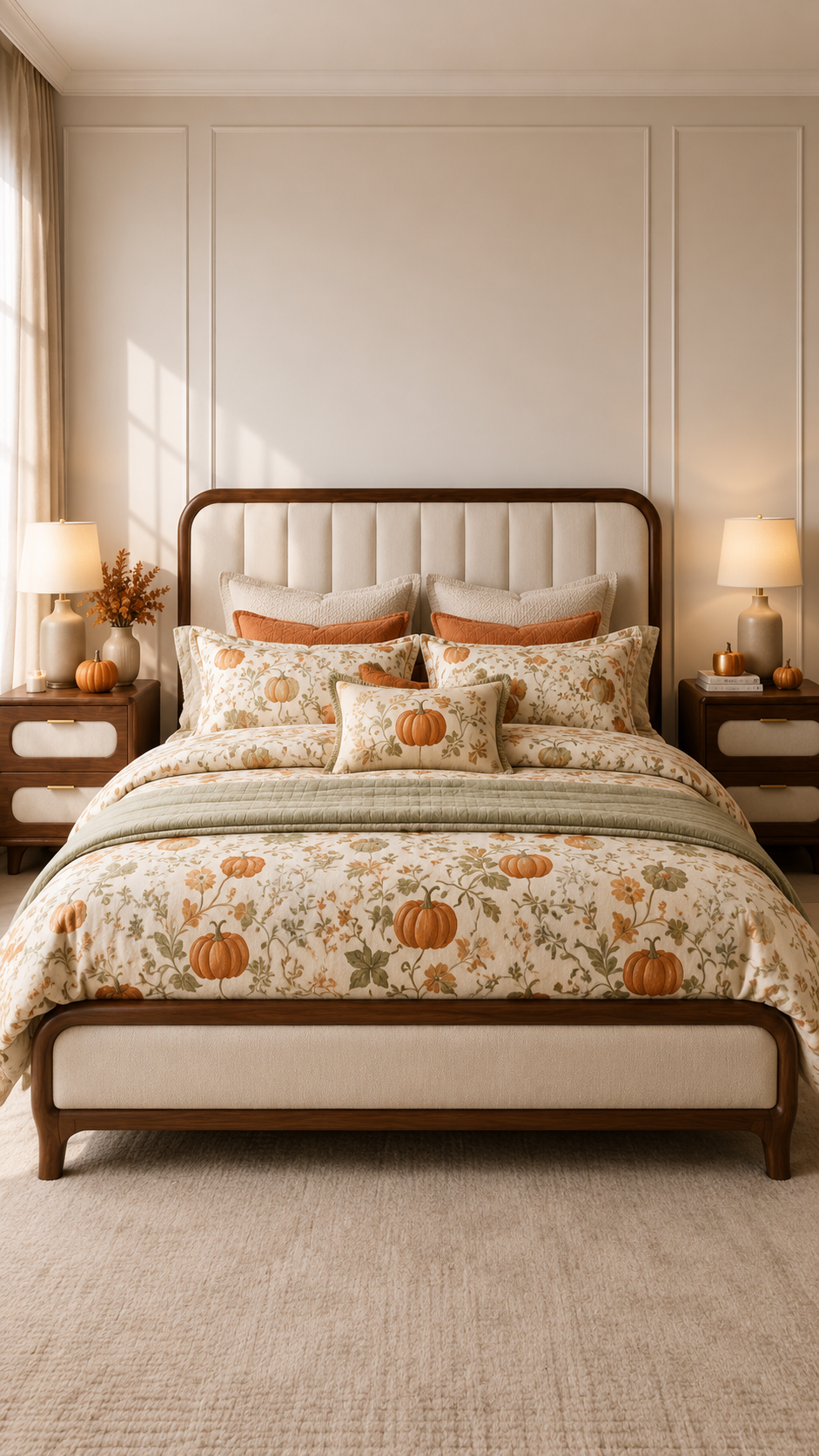 Pumpkin fall bedding set with ivory bedding, pumpkin illustrations, sage green quilt, terracotta pillows, pumpkin cushion, warm wood furniture, and cozy autumn bedroom styling