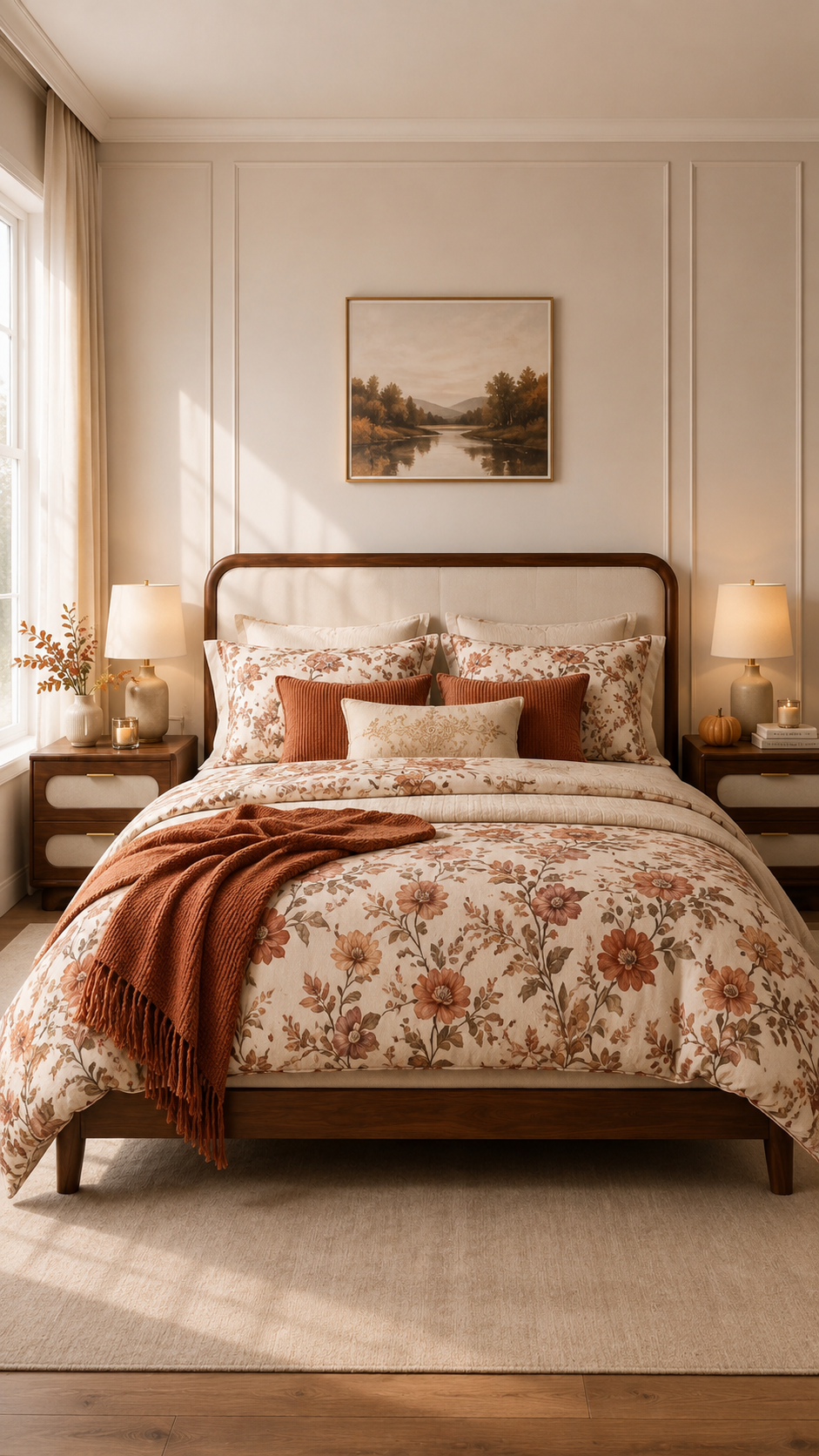 Cream floral fall bedding set with terracotta blossoms, rust pillows, cream lumbar pillow, burnt orange throw, autumn landscape art, walnut bed frame, and warm bedroom decor